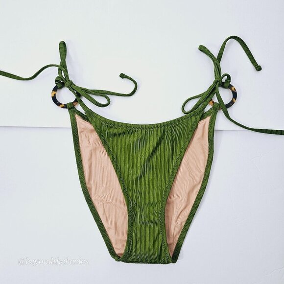 J.Crew Women's Green Ribbed Curved Waist Cheeky String Bikini Bottom Size M NWT - Picture 1 of 9